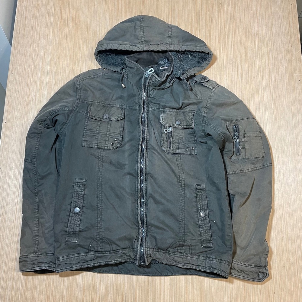 Distortion Field Jacket Mens Large Olive Green Sherpa Lined Hooded Utility Coat